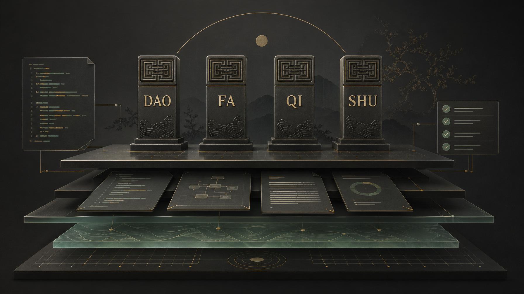 Dao Fa Qi Shu pillars representing an AI-native development governance system