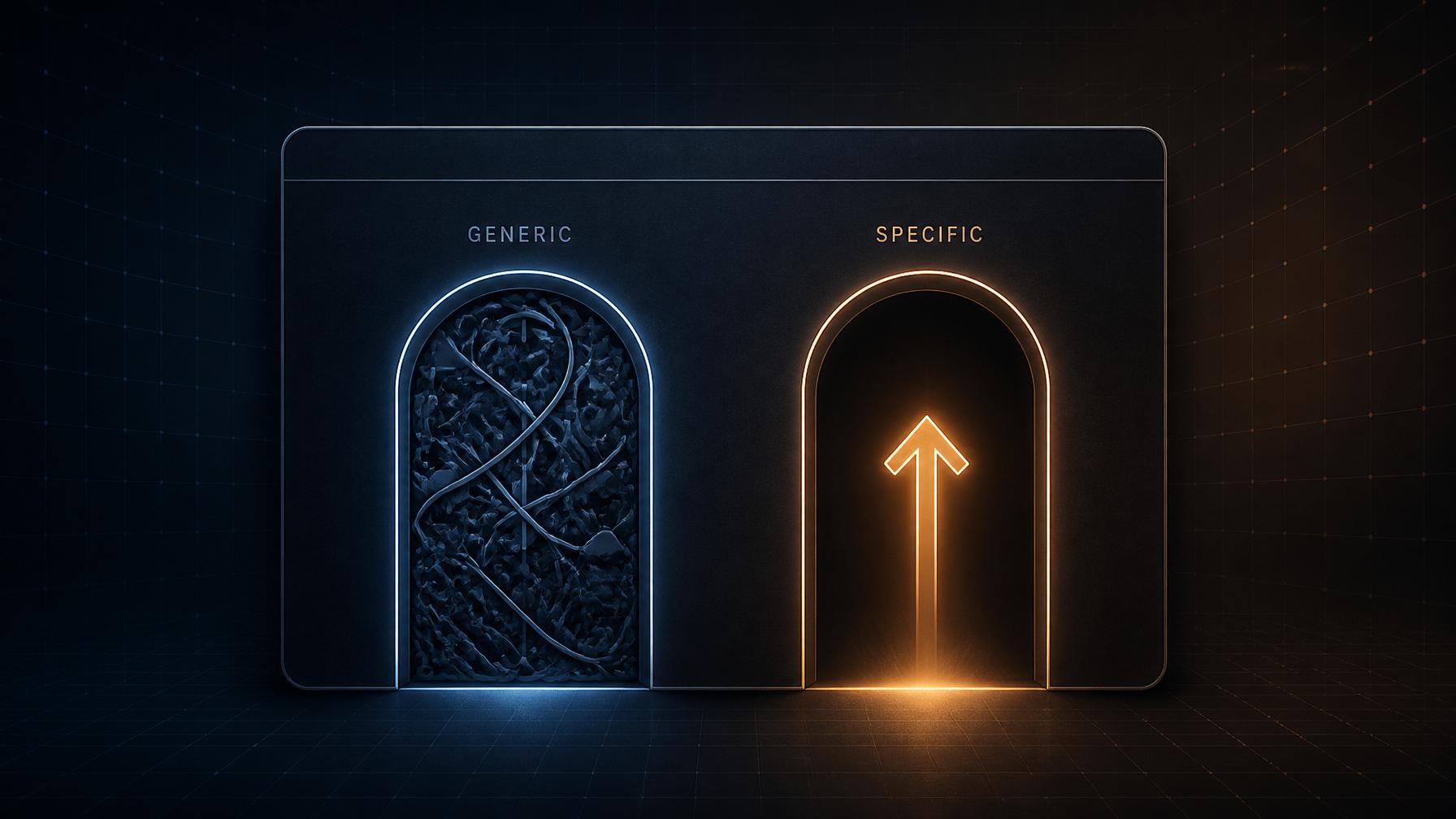 Two glowing doorways above a webpage panel: one filled with tangled generic shapes representing marketing noise, the other empty except for a single guiding arrow of light